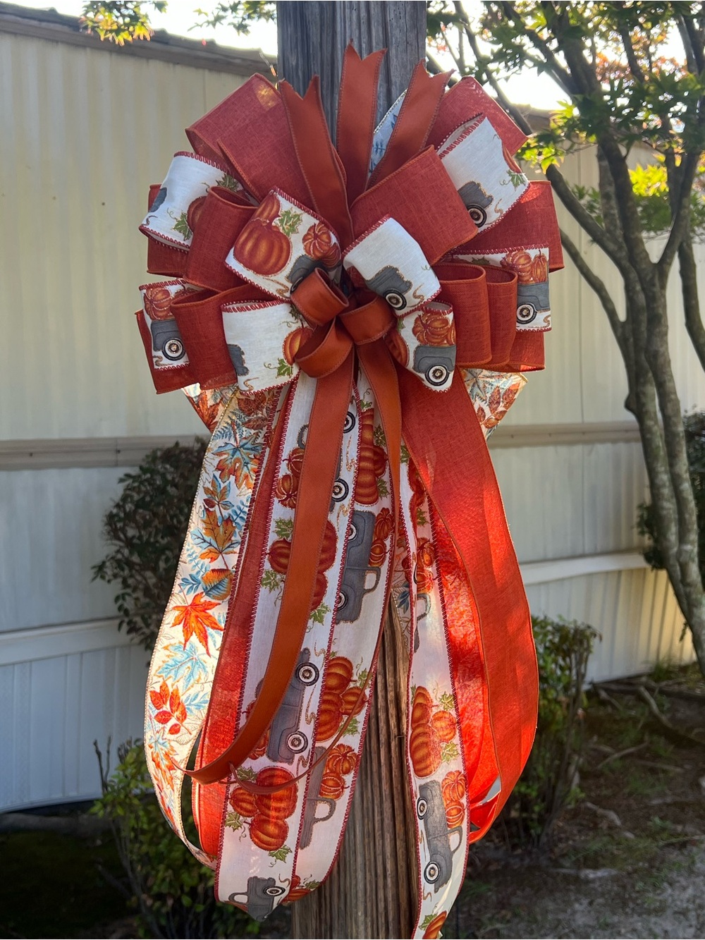 Autumn Harvest Decorative Bow - Rust Orange Fall Ribbon